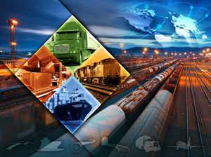 photo collage of freight modes, including a rail yard in the background and an image of a truck, locomotive, cargo airplane and container ship in a box in the foreground